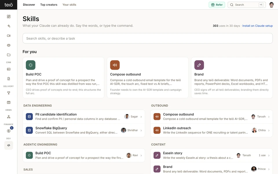 The teiō skills store: For you, categories, search and a skill page, frame 1 of 4