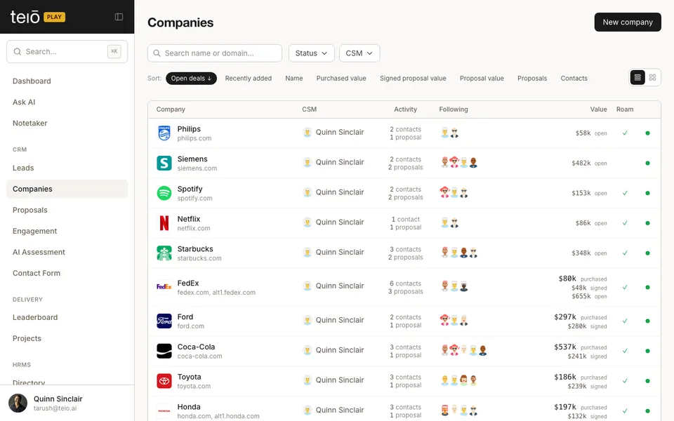 Click to view full screen teiō CRM — frame 1 of 8