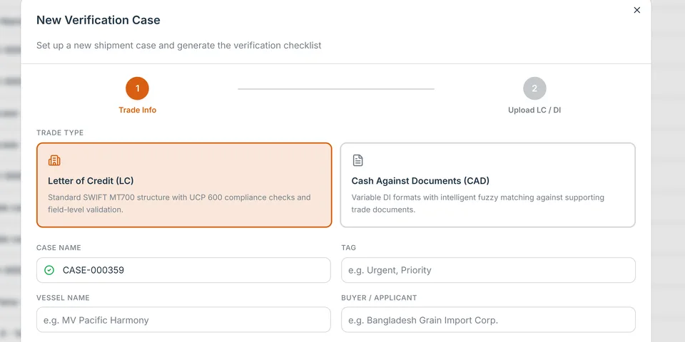 Click to view full screen Opening a case and picking the trade type, the shipment and its required documents, the generated checklist, the documents classified, the verification summary, and two discrepancies, frame 1 of 6