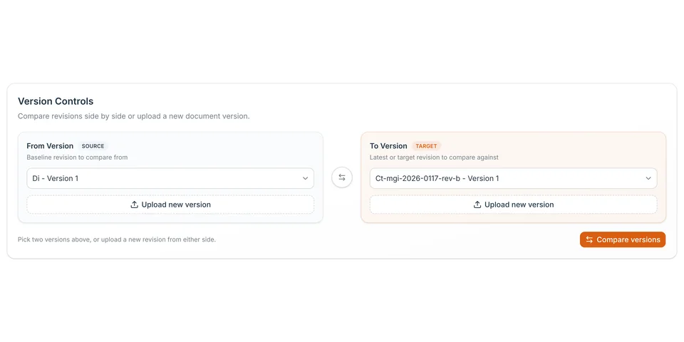 Click to view full screen Choosing two versions, the summary of what changed, and both contracts side by side with every change marked, frame 1 of 3