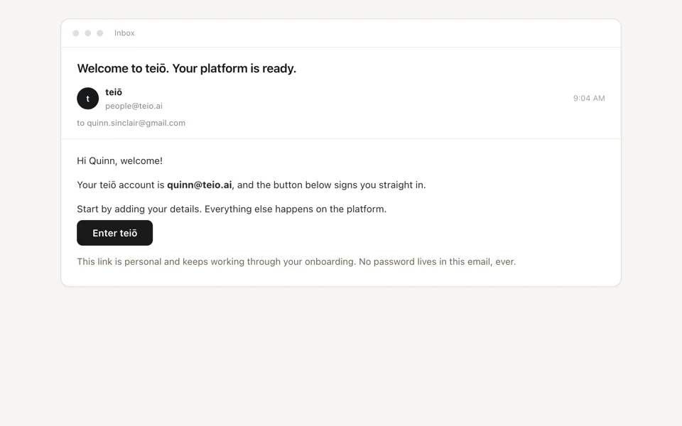 Click to view full screen teiō onboarding, provisioning, and offboarding, frame 1 of 5