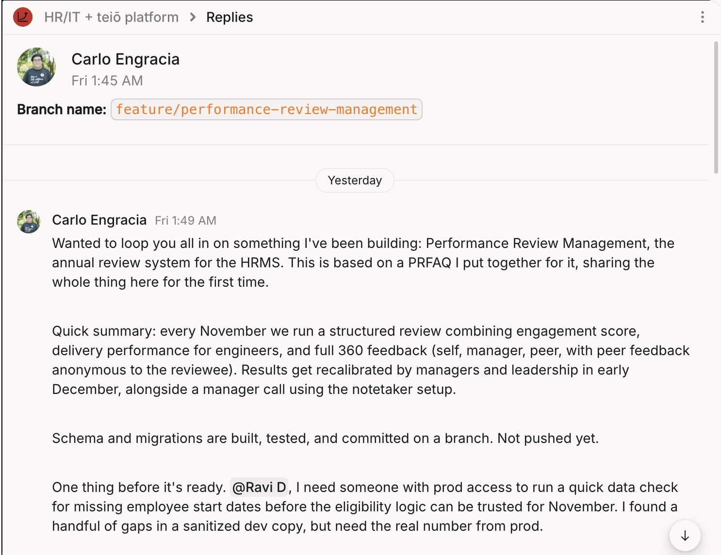 Click to view full screen Carlo from HR sharing his performance review branch in Roam